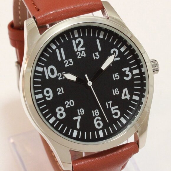 Men's Quartz Field Watch Silver Case Brown Leather Strap 42mm - Picture 8 of 12